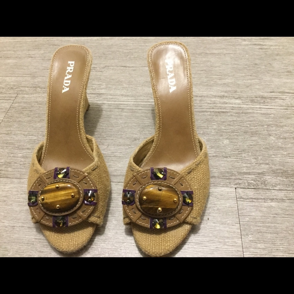 Prada wedge sandal beige with a 3 1/4 in heel 8M